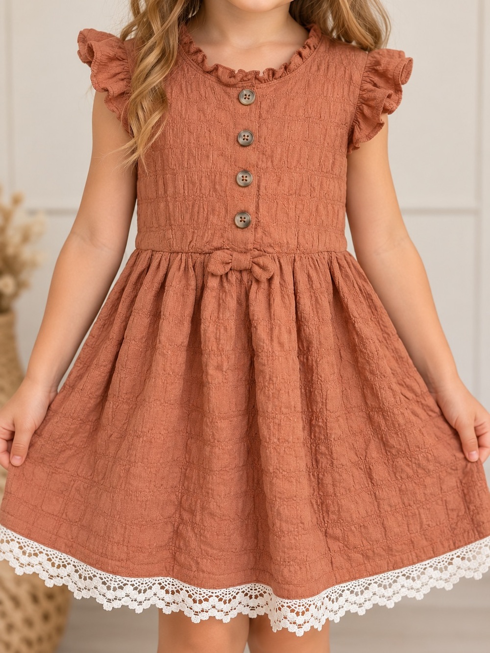 Little Lass Girls 6X Rust Ruffle Dress Lace Hem Cottagecore